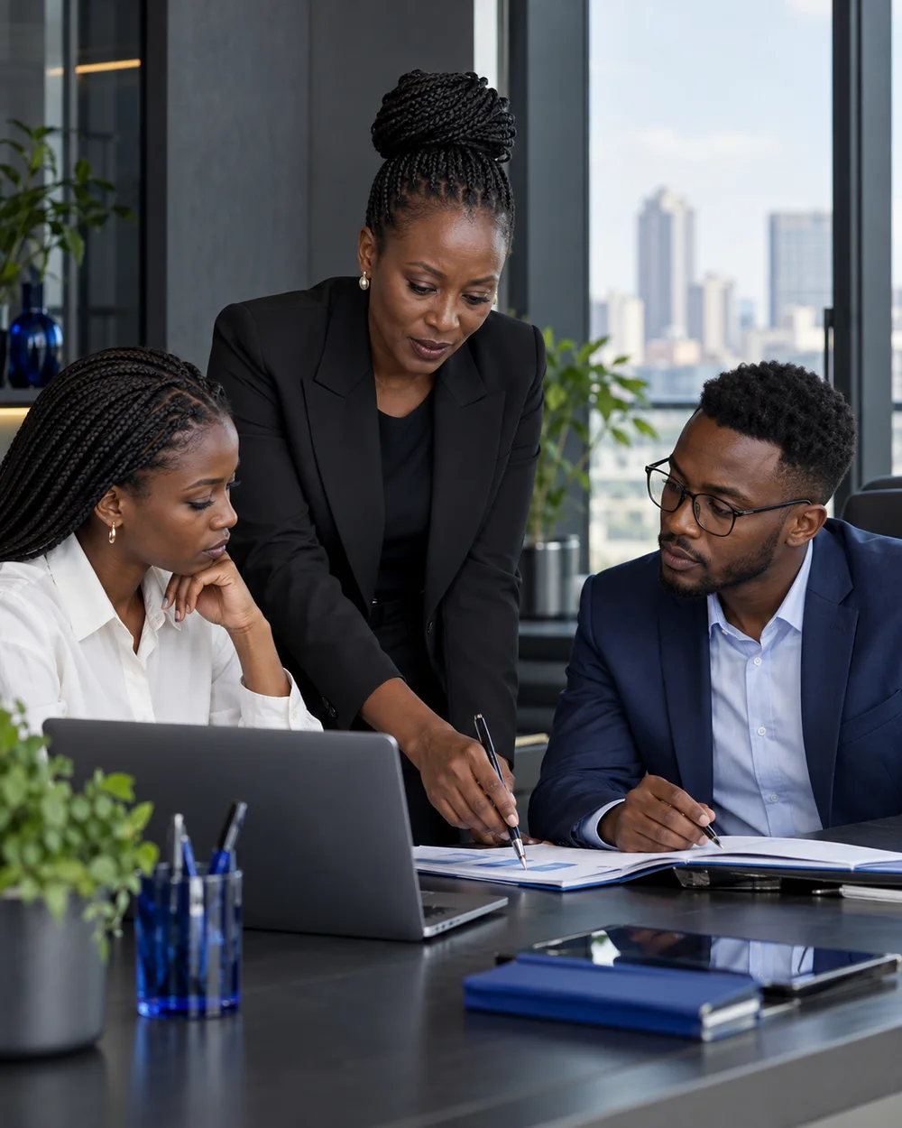 A woman mentoring two colleagues in a professional working session