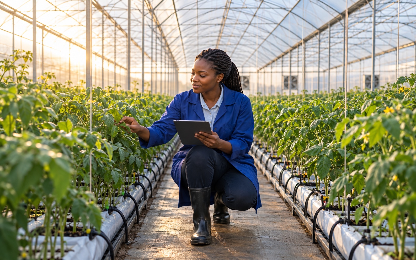 Black woman agronomist inspecting crops in a modern greenhouse
