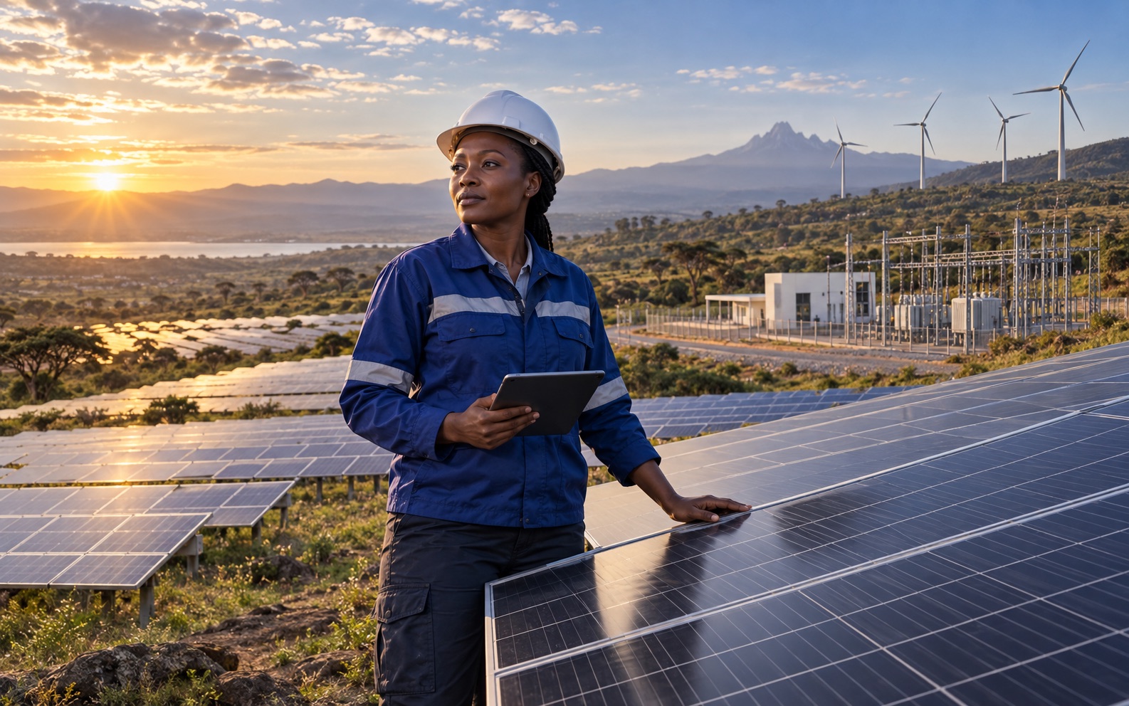 Black woman renewable-energy engineer at an East African solar farm